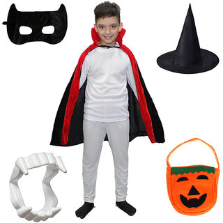                      Kaku Fancy Dresses Halloween Dracula Robe, Teeth, Hat, Eye-patch, Candy Basket Set For Kids | Vampire Costume Set                                              