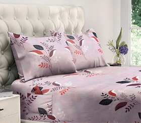 MyKey Floral Print 144 TC Glace Cotton Queen Size Double Bedsheet with Dual Side Storage Pockets for Mobile/TV Remotes/Books/Laptop/Tablets  90 X 92 Inch  Included 2 Pillow Covers (DS-78005)
