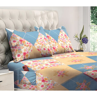                       MyKey Floral 144 TC Glace Cotton Queen Size Double Bedsheet with Dual Side Storage Pockets for Mobile/TV Remotes/Books/Latop/Tablets | 90 X 92 Inch | Included 2 Pillow Covers (DS-78003)                                               