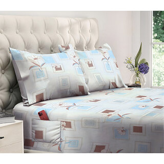 Mykey Flower Print 144 TC Glace Cotton Queen Size Double Bedsheet with Dual Side Storage Pockets for Storing Mobile/TV Remotes/Books/Laptop/Tablets  90 X 92 Inch  Included 2 Pillow Covers (DS-78013)
