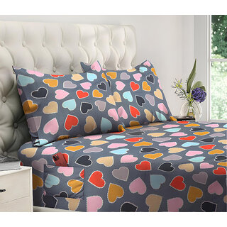 MyKey Heart Print 144 TC Glace Cotton Queen Size Double Bedsheet with Dual Side Storage Pockets for Mobile/TV Remotes/Tablets  90 X 92 Inch  Included 2 Pillow Covers (DS-78017)
