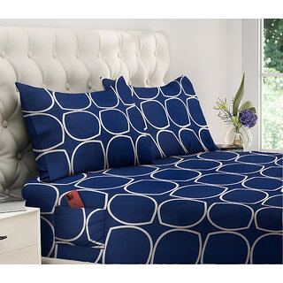 MyKey Blue Printed 144 TC Glace Cotton King Size Double Bedsheet with Dual Side Storage Pockets for Mobile/TV Remotes/Books/Laptop/Tablets  90 X 96 Inch  Included 2 Pillow Covers (DS-87501)
