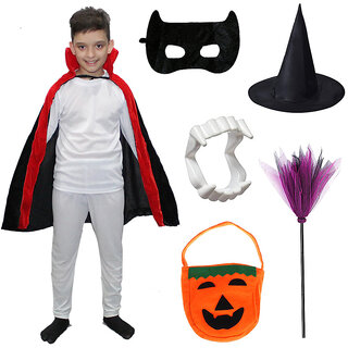 Kaku Fancy Dresses Halloween Robe Cape with Devil Teeth, Eyepatch, Witch Hat, Broomstick and Candy Basket for Kids Kaku Fancy Dresses Halloween Robe Cape with Devil Teeth, Eyepatch, Witch Hat, Broomstick and Candy Basket for Kids