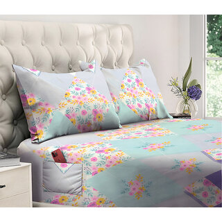                       Mykey Elegant Floral Print 144 TC Glace Cotton Queen Size Double Bedsheet with Dual Side Storage Pockets for Mobile/TV Remotes/Books/Tablets/Laptop | 90 X 92 Inch | Included 2 Pillow Covers (DS-78006)                                               