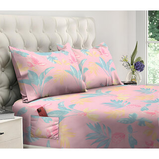                       MyKey Flower Print Flat 144 TC Glace Cotton Double Bedsheet with Dual Side Storage Pockets for Mobile/TV Remotes/Books/Tablets/Laptop  90 X 92 Inch  Included 2 Pillow Covers (DS-78019)                                                