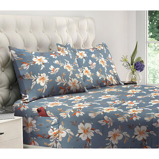                       MyKey Flower Print Flat 144 TC Glace Cotton Queen Size Double Bedsheet with Dual Side Storage Pockets for Mobile/TV Remotes/Books/Laptop/Tablets  90 X 92 Inch  Included 2 Pillow Covers (DS-78021)                                                