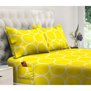                       MyKey Yellow Printed 144 TC Glace Cotton King Size Double Bedsheet with Dual Side Storage Pockets for Mobile/TV Remotes/Books/Tablets/Laptop | 90 X 96 Inch | Included 2 Pillow Covers (DS-87503)                                               