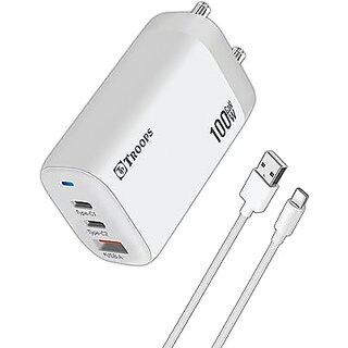                       TP TROOPS GaN Quick 3 Port Charger C+C+A 100W US Folding Pin for Macbook Pro, Type C Laptop, Battery Pack, Samsun                                              