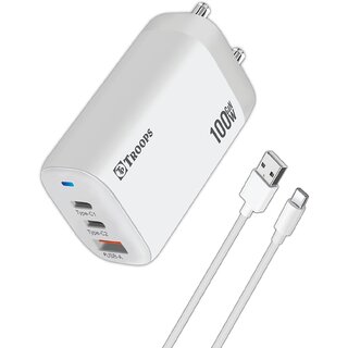                      TP TROOPS GaN  Quick 3 Port Charger C+C+A 100W US Folding Pin for Type C Laptop, Battery Pack, Samsung, Etc                                              