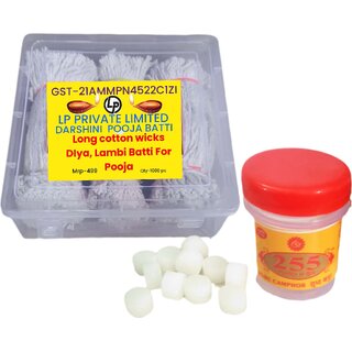                       DarshiniDecor Box Pack of 1000 Pieces Long Cotton TwistedWicks 5.5 Inch,with Free Gifti for Pooja. Camphor Tablet 5 grm                                              
