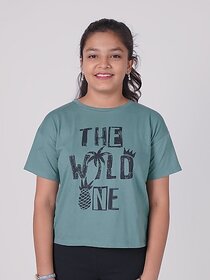 Radprix Girls Typography, Printed Pure Cotton T Shirt (Green, Pack Of 1)