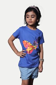 Radprix Girls Printed Pure Cotton T Shirt (Blue, Pack Of 1)