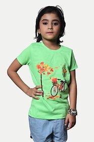 Radprix Girls Printed Pure Cotton T Shirt (Green, Pack Of 1)