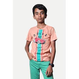                       Radprix Boys Printed Pure Cotton T Shirt (Orange, Pack Of 1)                                              
