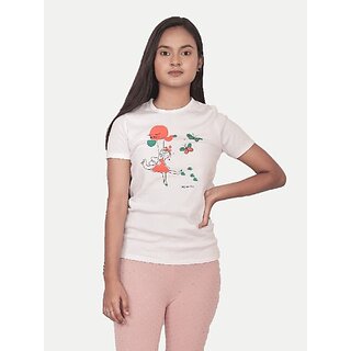                       Radprix Girls Graphic Print Pure Cotton T Shirt (White, Pack Of 1)                                              