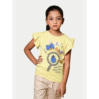                       Radprix Girls Typography, Printed Pure Cotton T Shirt (Yellow, Pack Of 1)                                              