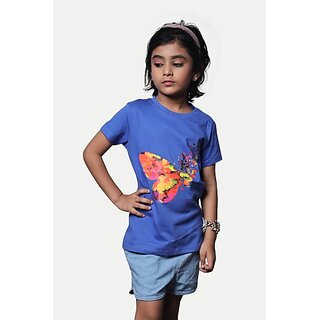 Radprix Girls Printed Pure Cotton T Shirt (Blue, Pack Of 1)