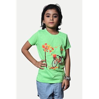                       Radprix Girls Printed Pure Cotton T Shirt (Green, Pack Of 1)                                              