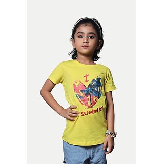 Radprix Girls Typography, Printed Pure Cotton T Shirt (Yellow, Pack Of 1)