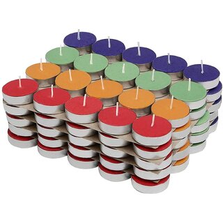                       Wax Tealight Candles, 3-Hour Burn Time, Smokeless, No Residue (Set of 50, Multicoloured, Unscented)                                              