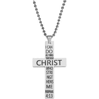                       M Men Style Cross Necklace Bible Verse Silver Stainless Steel Pendant Ball Chain for Men JewelryGift                                              