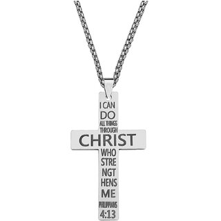                       M Men Style Cross Necklace Bible Verse Silver Stainless Steel Pendant Box Chain for Men Jewelry                                              