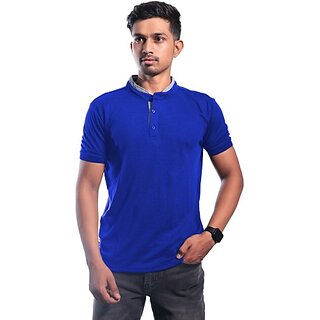                       Radprix Solid Men Mandarin Collar Blue T-Shirt                                              