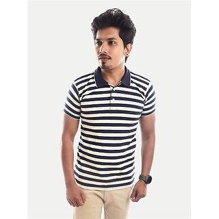                       Radprix Striped Men Polo Neck Navy Blue T-Shirt                                              