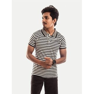                       Radprix Striped Men Polo Neck White T-Shirt                                              