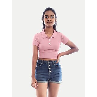                       Radprix Solid Women Polo Neck Pink T-Shirt                                              