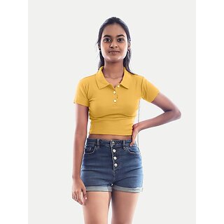                       Radprix Self Design Women Polo Neck Yellow T-Shirt                                              