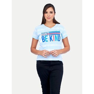                       Radprix Printed Women V Neck Light Blue T-Shirt                                              