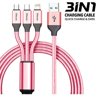                       USB Type C 3 in 1 Nylon  Multiple USB Fast Charging Cable for All Type C Devices TP-2285-Pink                                              