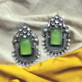 Blythe DIVA Oxidised Silver Double Elephant Stud Earrings with Pearls, Kundan and Monalisa Stone