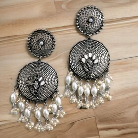 Blythe DIVA Oxidised Silver Double Round Earrings with Pearls