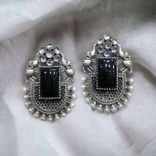                       Blythe DIVA Oxidised Silver Double Elephant Stud Earrings with Pearls, Kundan and Monalisa Stone                                              