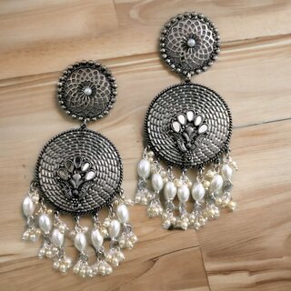                       Blythe DIVA Oxidised Silver Double Round Earrings with Pearls                                              