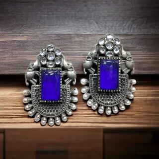                       Blythe DIVA Oxidised Silver Double Elephant Stud Earrings with Pearls, Kundan and Monalisa Stone                                              