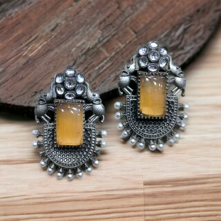                       Blythe DIVA Oxidised Silver Double Elephant Stud Earrings with Pearls, Kundan and Monalisa Stone                                              