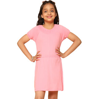 Kids Cave Girls Above Knee Casual Dress (Pink, Short Sleeve)