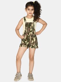 Kids Cave Dungaree For Girls Party Printed Crepe (Green, Pack of 1)