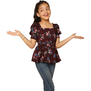 Kids Cave Girls Casual Crepe Balloon Top (Purple, Pack of 1)