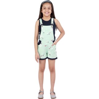 Kids Cave Dungaree For Girls Casual Floral Print Rayon (Light Green, Pack of 1)
