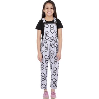 Kids Cave Dungaree For Girls Casual Geometric Print Rayon (Grey, Pack of 1)