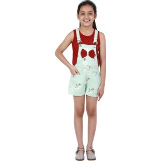                       Kids Cave Dungaree For Girls Casual Floral Print Rayon (Light Green, Pack of 1)                                              