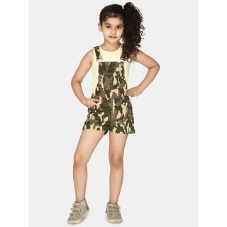                       Kids Cave Dungaree For Girls Party Printed Crepe (Green, Pack of 1)                                              