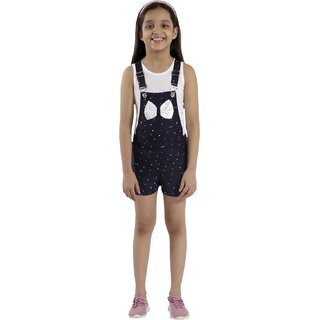 Kids Cave Dungaree For Girls Casual Printed Rayon (Blue, Pack of 1)