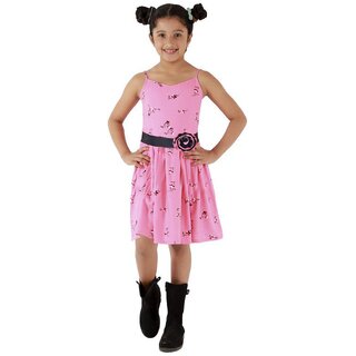                       Kids Cave Indi Girls Midi/Knee Length Casual Dress (Pink, Noodle strap)                                              
