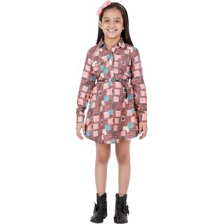                       Kids Cave Indi Girls Above Knee Casual Dress (Multicolor, Full Sleeve)                                              