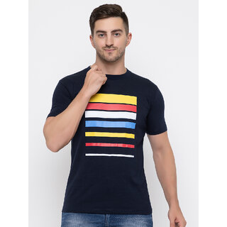 Modernity Reliable Navy Blue Cotton Printed Round Neck T-Shirt For Men